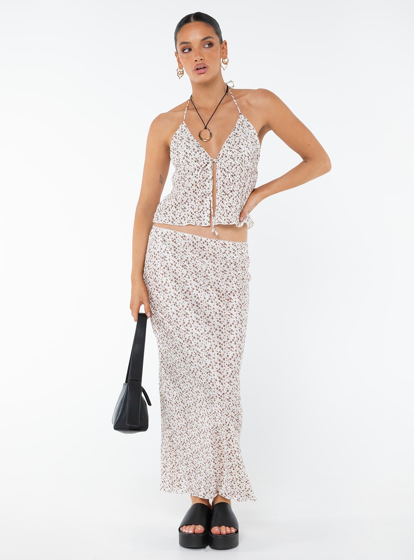 Front view of model wearing  front Chickadee Maxi Skirt Cream Floral Princess Polly  Maxi 