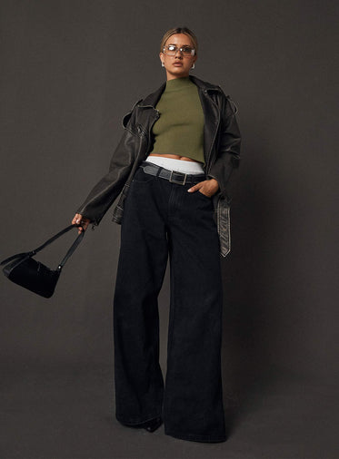 Naylor Mid Rise Wide Leg Jeans Washed Black Denim