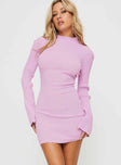 front view of model wearing Princess Polly Bellimo Long Sleeve Mini Dress Pink High Neck 