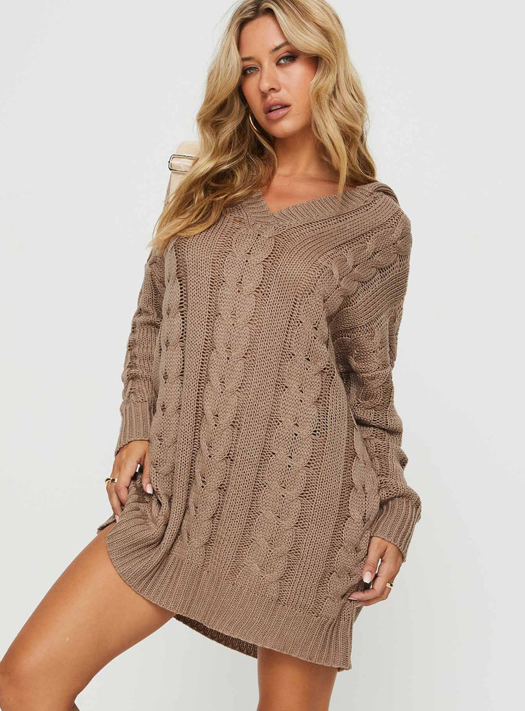 Princess Polly V-Neck  Verno Cable Knit Sweater Dress Oatmeal