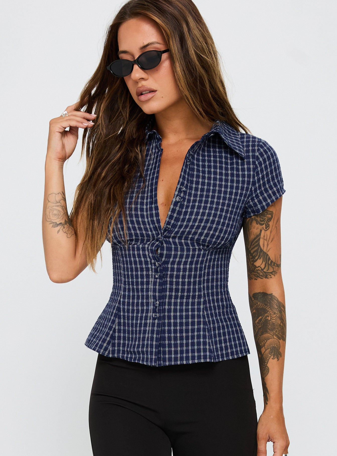 Cottesloe Blouse Top Navy Check | Princess Polly