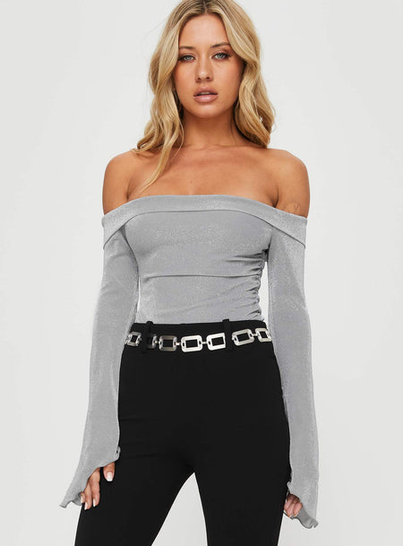 Princes Polly Full Sleeves  Tullo Off The Shoulder Bodysuit Grey