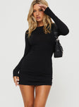 front view of model wearing Princess Polly Lex Long Sleeve Mini Dress Black Petite Crew Neck 