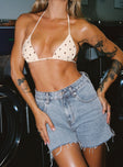 front view of model wearing Princess Polly Laurena Denim Shorts Lower Impact High Waisted Shorts 