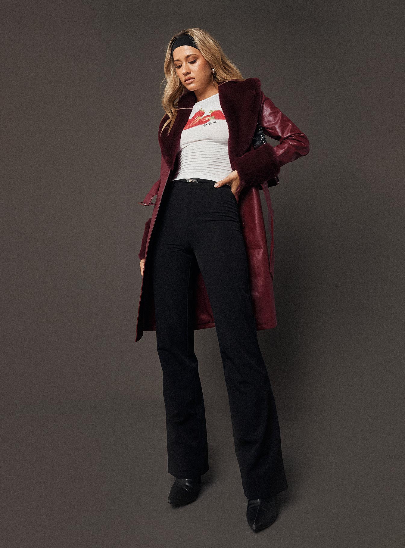 Brooklyn faux leather longline coat burgundy