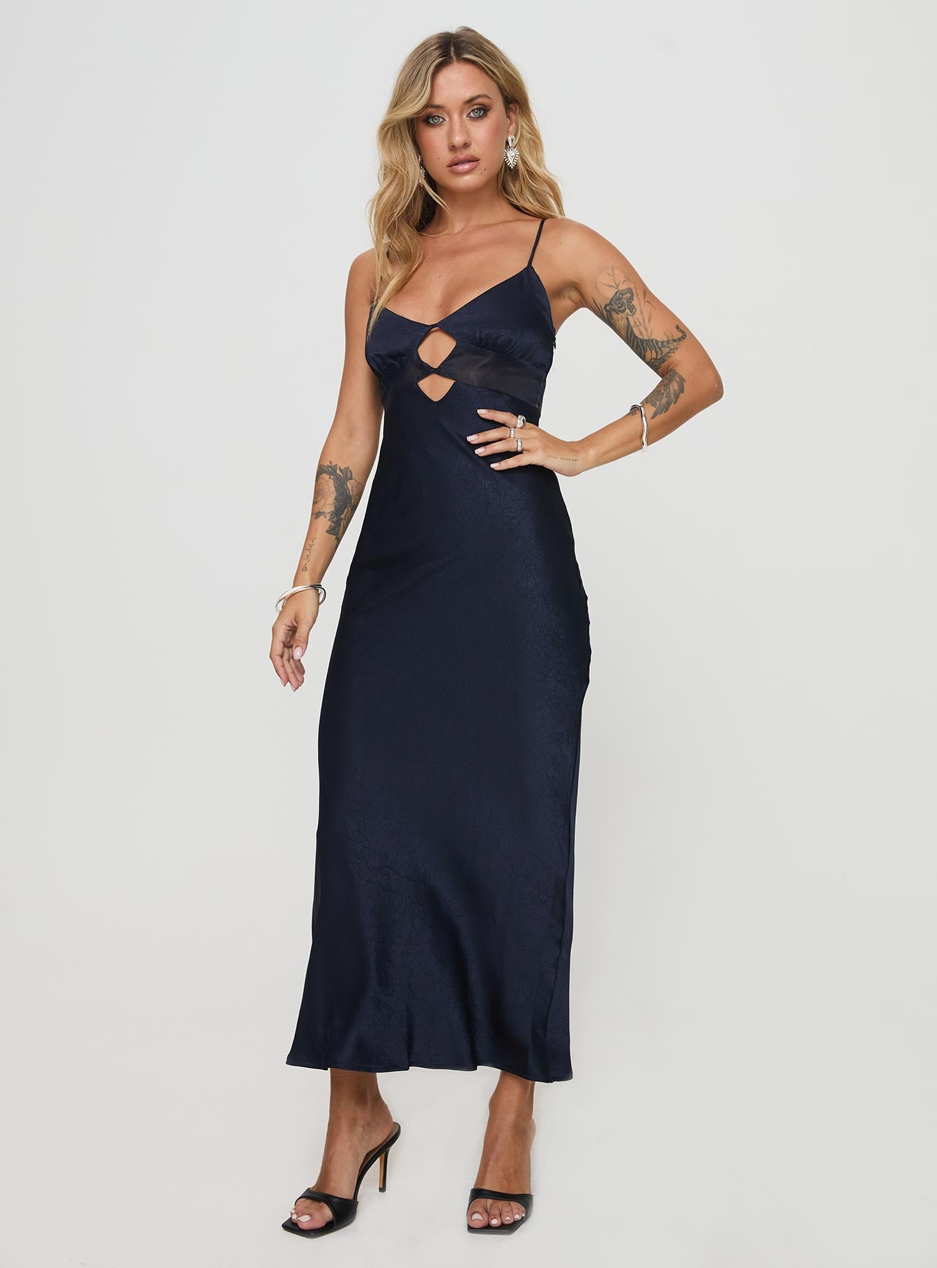 front view of model wearing Princess Polly Leroux Maxi Dress Navy Sweetheart Neckline 