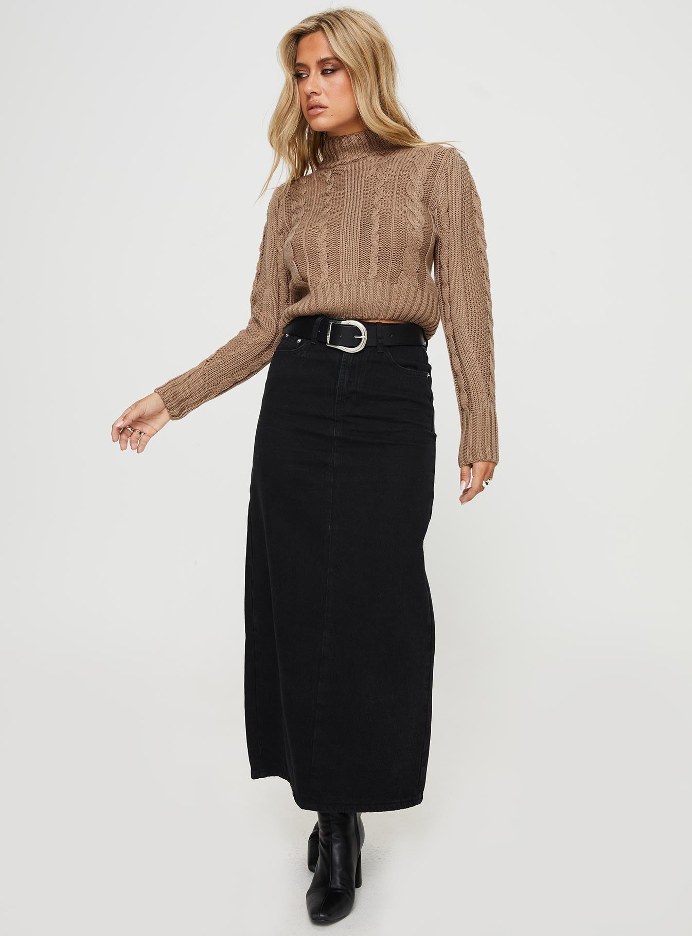 Whessler split back denim midi skirt black