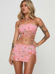 Matching set Mesh material, floral print, strapless style, inner silicone strip at bust, elasticated waist, split in hem Good stretch, fully lined  Princess Polly Lower Impact 