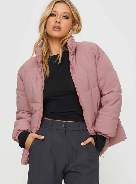 Oversized puffer jacket Drop shoulder, high neck, twin hip pockets, elasticated cuffs, zip fastening at front  Non-stretch, fully lined  Princess Polly Lower Impact