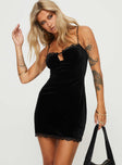 front view of model wearing Princess Polly Rishan Velvet Mini Dress Black Square Neck 