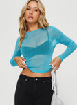 front view of model wearing Princess Polly Trivette Long Sleeve Top Blue Full Sleeves Crew Neck 