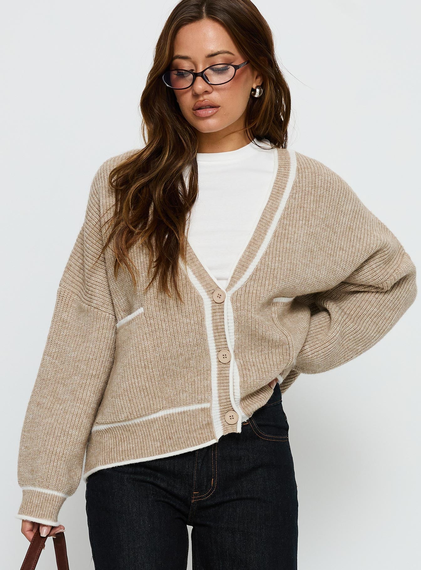Cressara Contrast Knit Cardigan Beige / White | Princess Polly