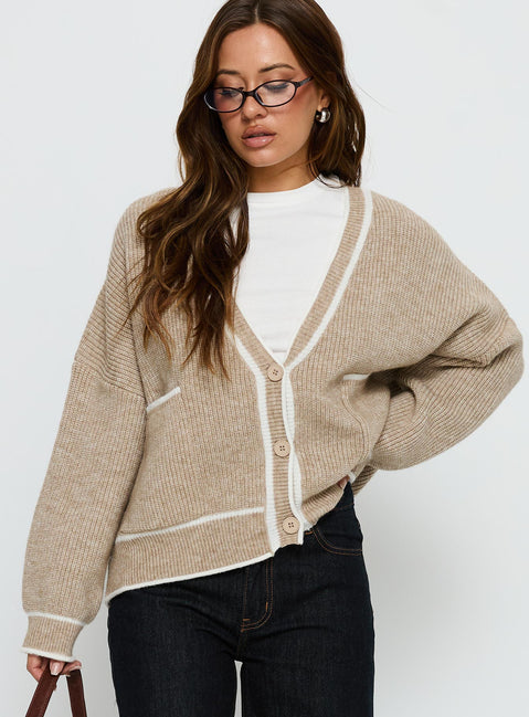 front view of model wearing Princess Polly Cressara Contrast Knit Cardigan Beige / White Cropped Jumpers 
