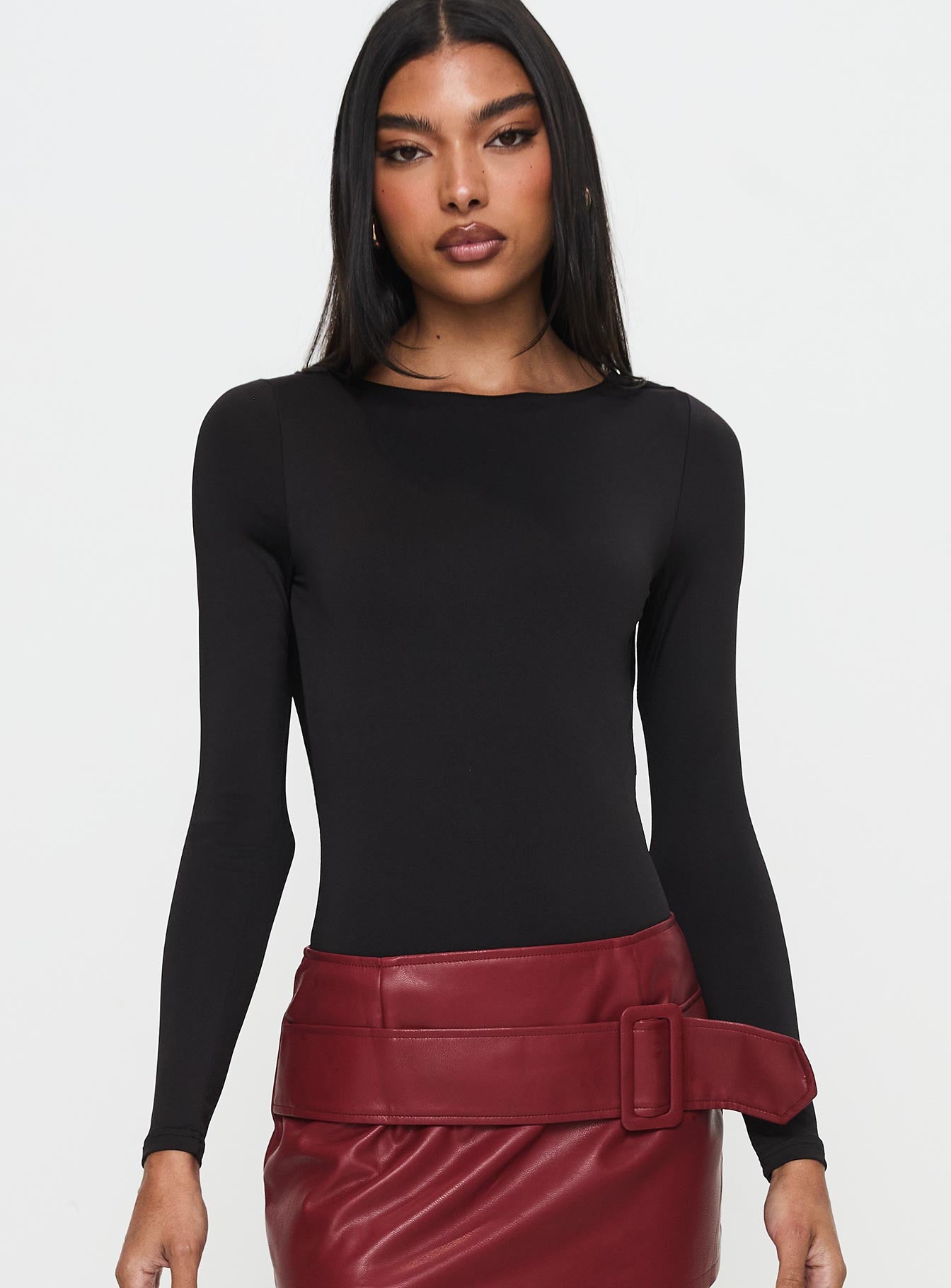 front view of model wearing Princess Polly Quinby Backless Long Sleeve Bodysuit Full Sleeves High Neck 