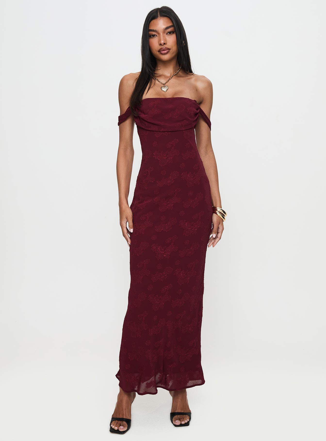 Azura Off The Shoulder Maxi Dress Burgundy | Princess Polly Azura Off The Shoulder Maxi Dress Burgundy | Princess Polly