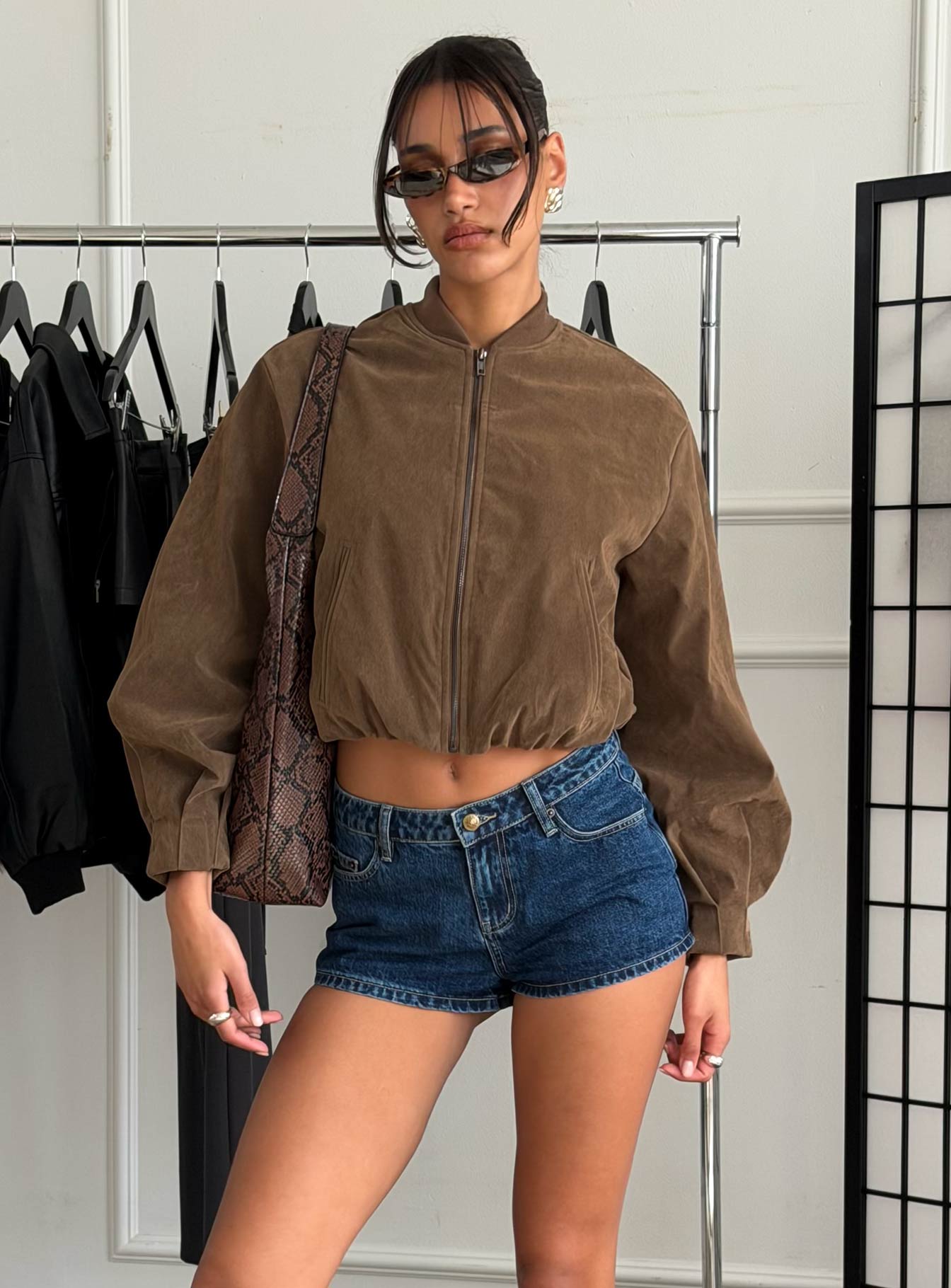 Mastery Faux Suede Bomber Jacket Brown | Princess Polly