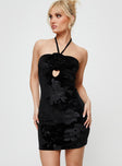 Strapless mini dress Velour material, tie detail at bust, inner silicone strip at bust Good stretch, unlined 