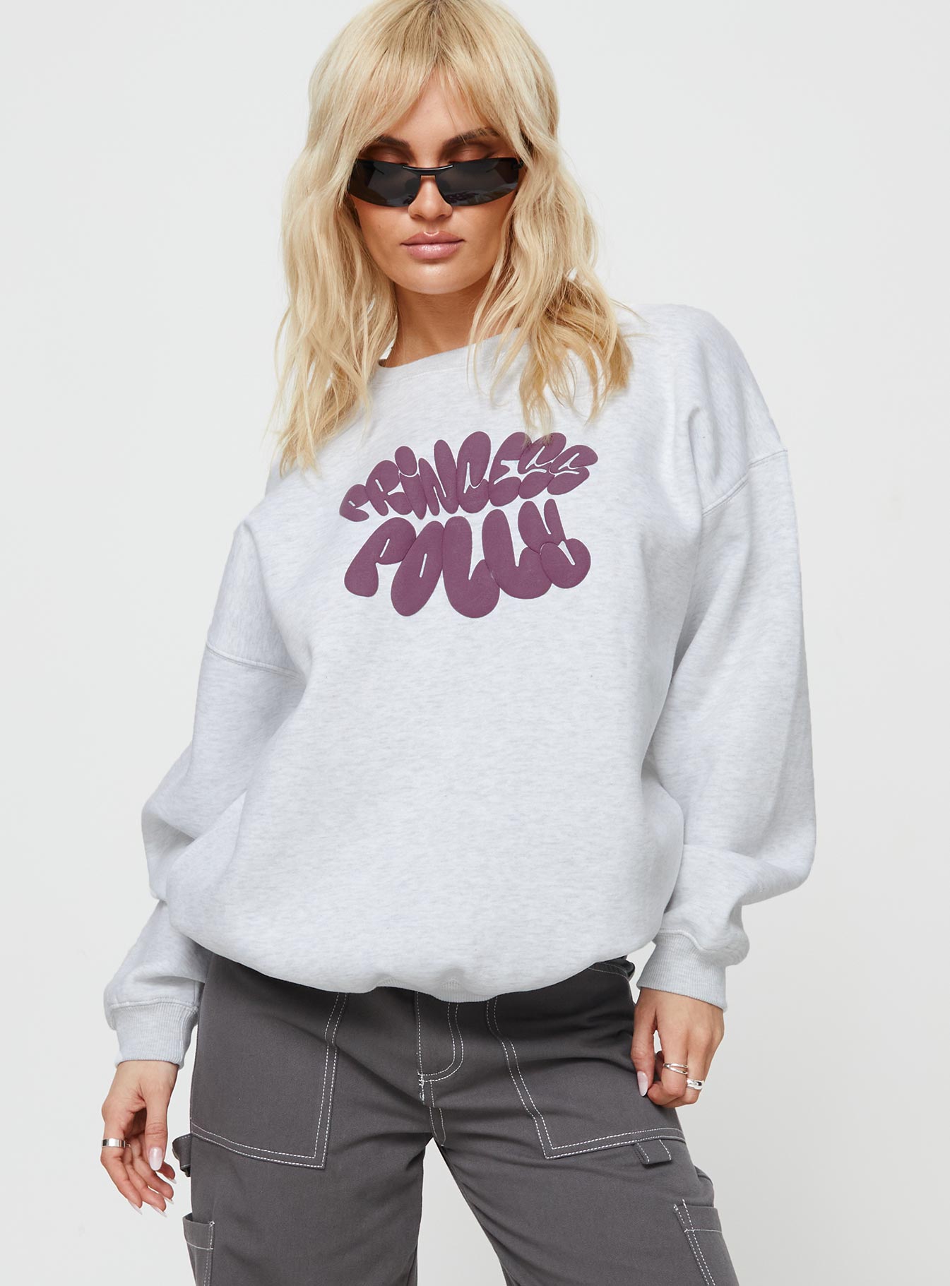Princess Polly Crew Neck Sweatshirt Bubble Text Grey Marle / Burgundy Princess Polly  regular 
