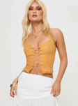 back view of model wearing Princess Polly Amitri Lace Up Top Orange Sleeveless Plunger 