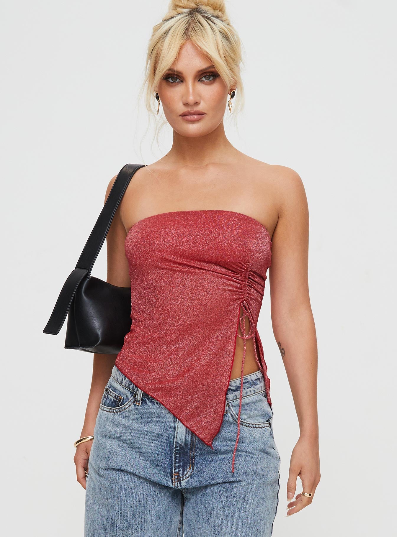 Dessy Strapless Top Red Glitter | Princess Polly