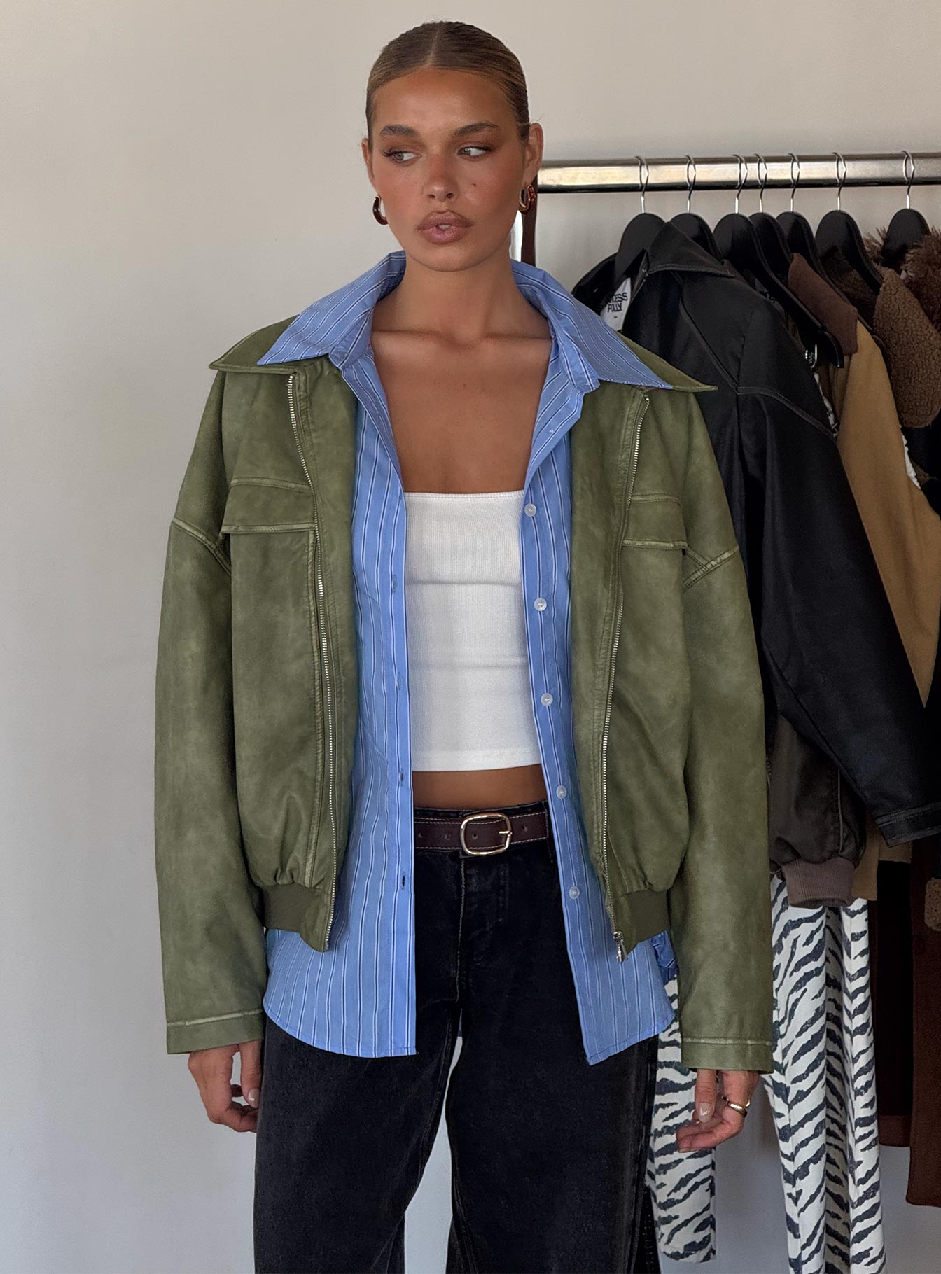 Tanza Faux Leather Jacket Washed Green | Princess Polly