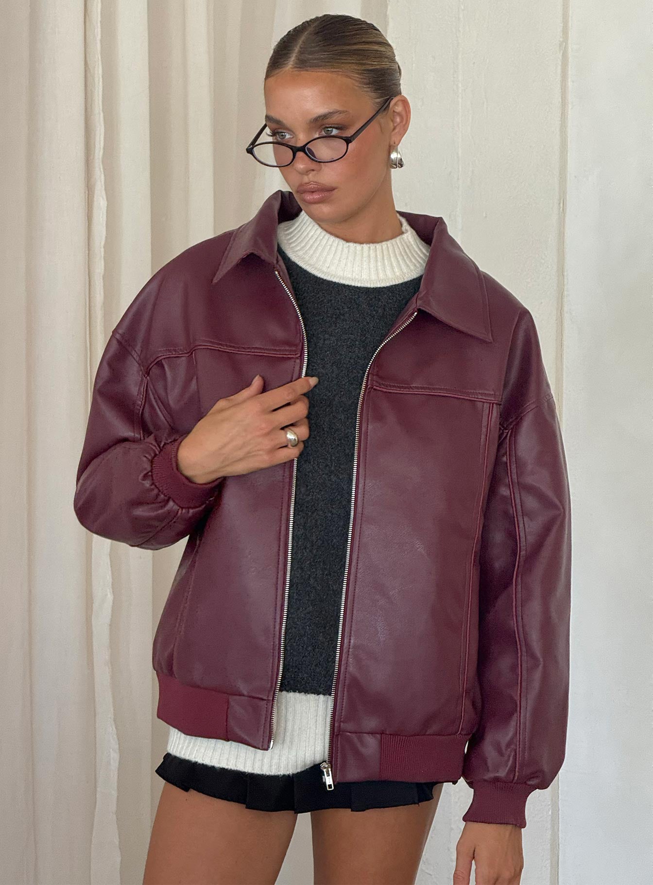 Goldsmith Faux Leather Bomber Jacket Burgundy | Princess Polly