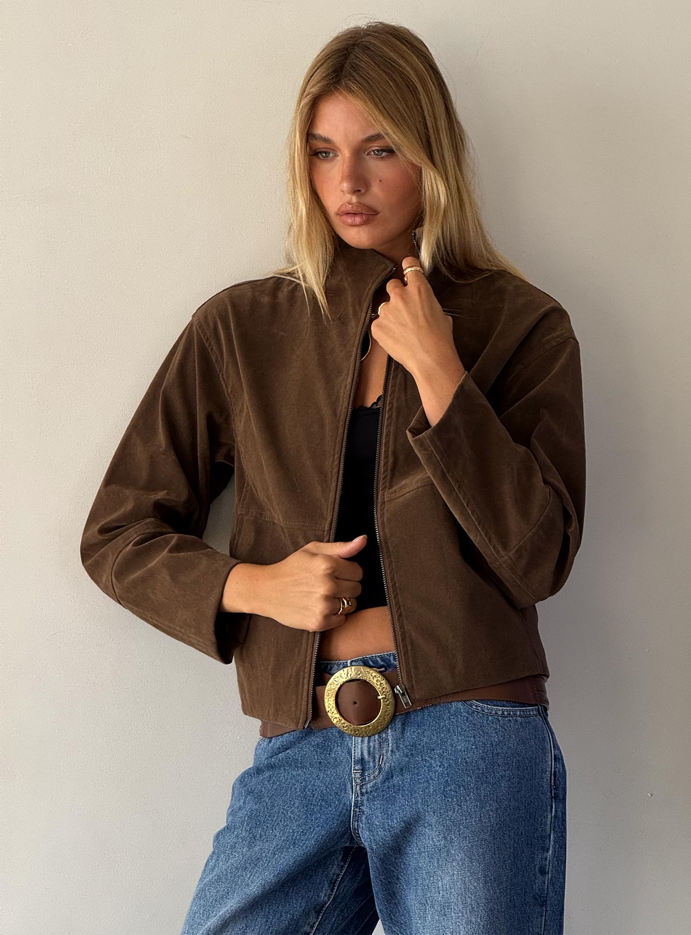 Jessalynn Faux Suede Zip Through Jacket Brown | Princess Polly