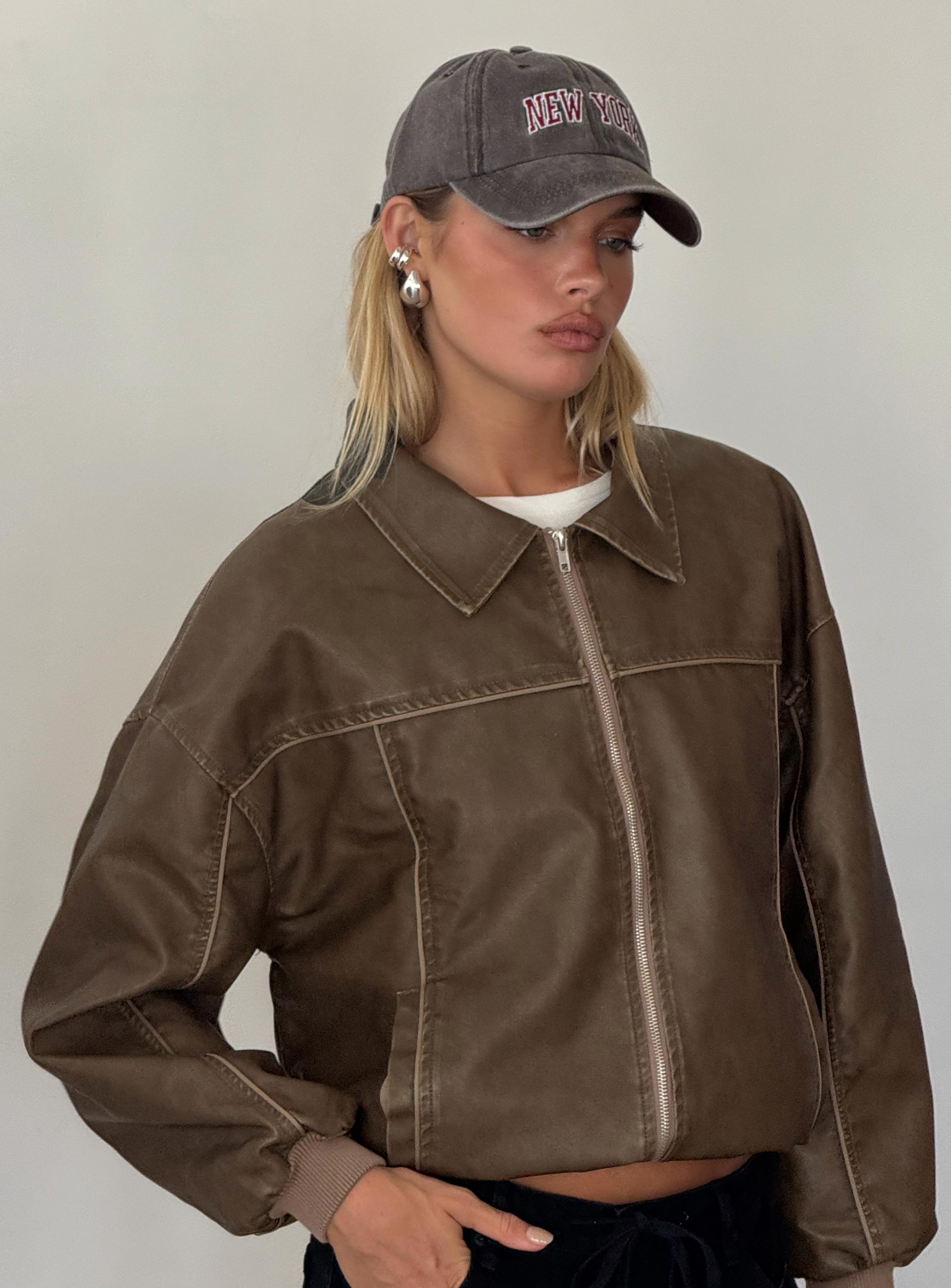 Goldsmith Faux Leather Bomber Jacket Washed Dark Brown | Princess