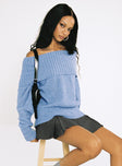 front view of model wearing Princess Polly Parkley Boucle Off The Shoulder Sweater Blue Long 