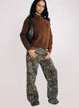 front view of model wearing Princess Polly Top Model Jeans Leopard High Waisted 