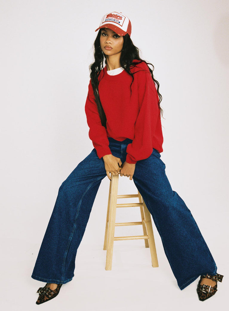 front view of model wearing Princess Polly Naylor Wide Leg Jeans Mid Blue Denim Petite Mid Rise 