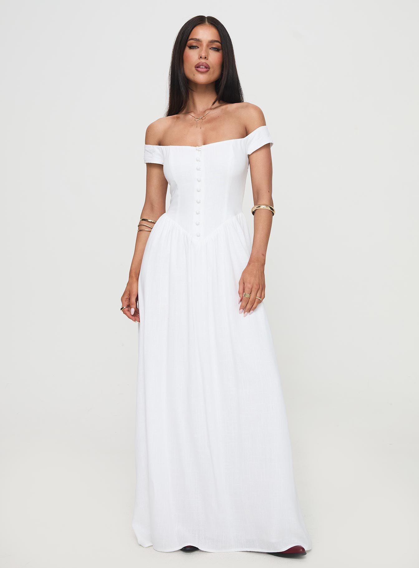 front view of model wearing Princess Polly Romantic Maxi Dress White Straight Neck 