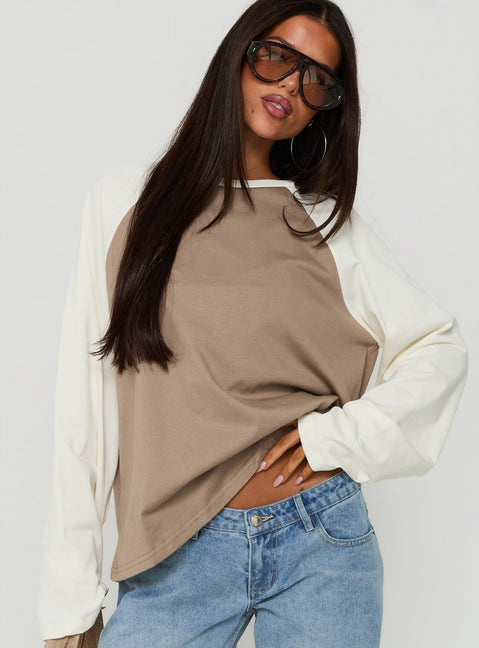 Settle Down Long Sleeve Raglan Top Beige Multi