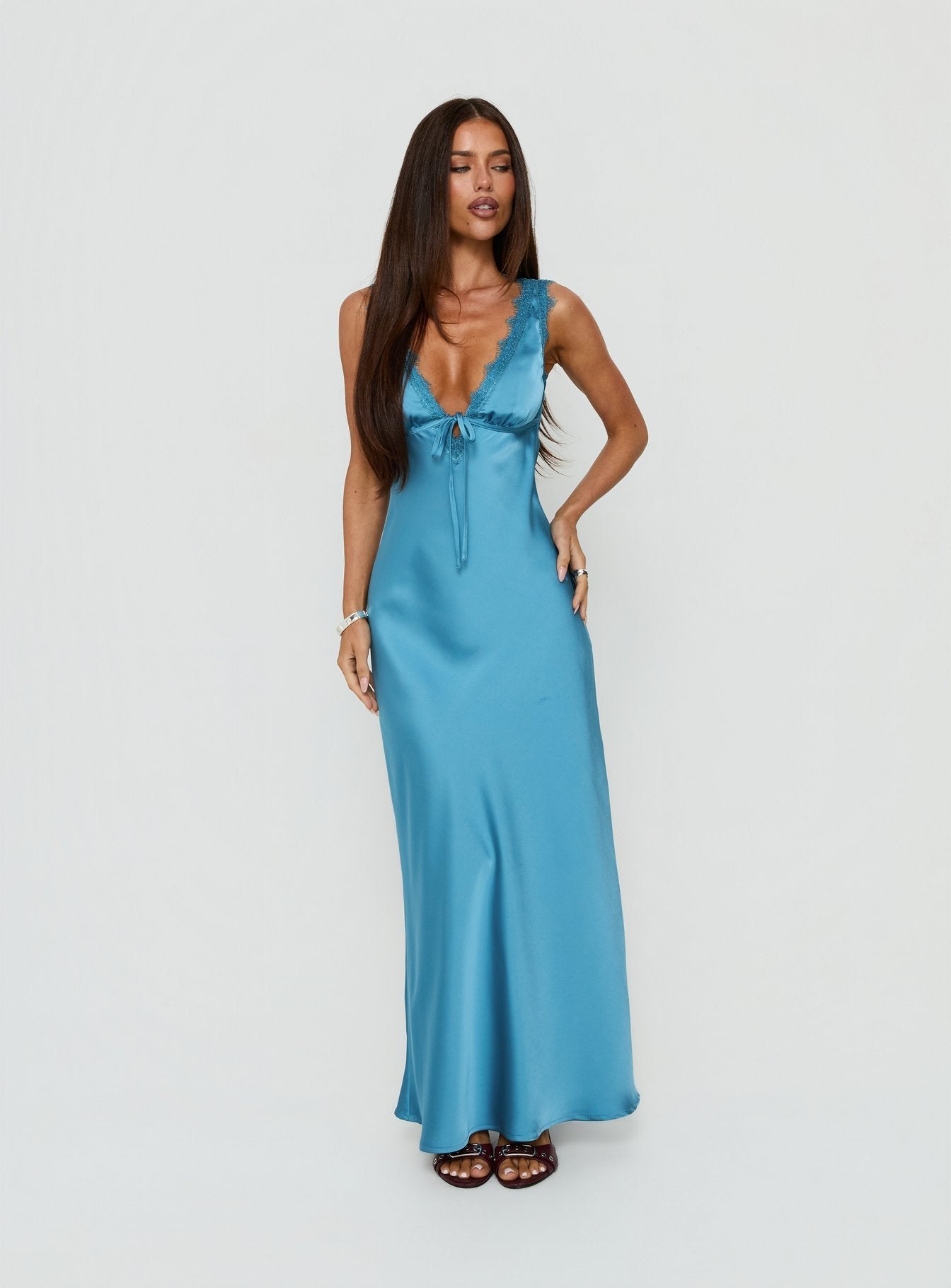 Damelia Tie Detail Lace Trim Maxi Dress | Blue | Womens