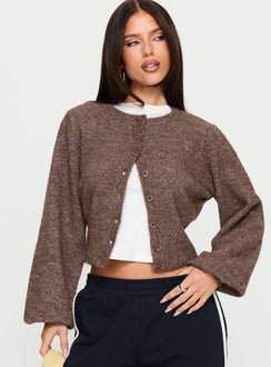 front view of model wearing Princess Polly Dawsen Button Down Cardigan Brown cropped 