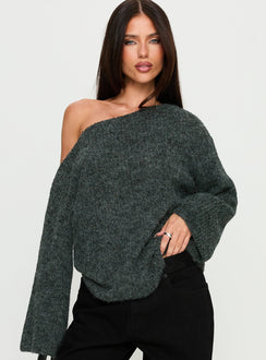 front view of model wearing Princess Polly Delyn Off Shoulder Slouchy Knit Sweater Black Marle 