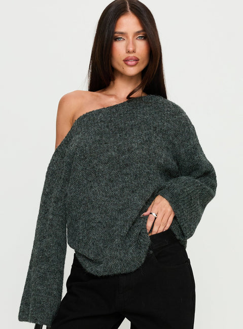 front view of model wearing Princess Polly Delyn Off Shoulder Slouchy Knit Sweater Black Marle 