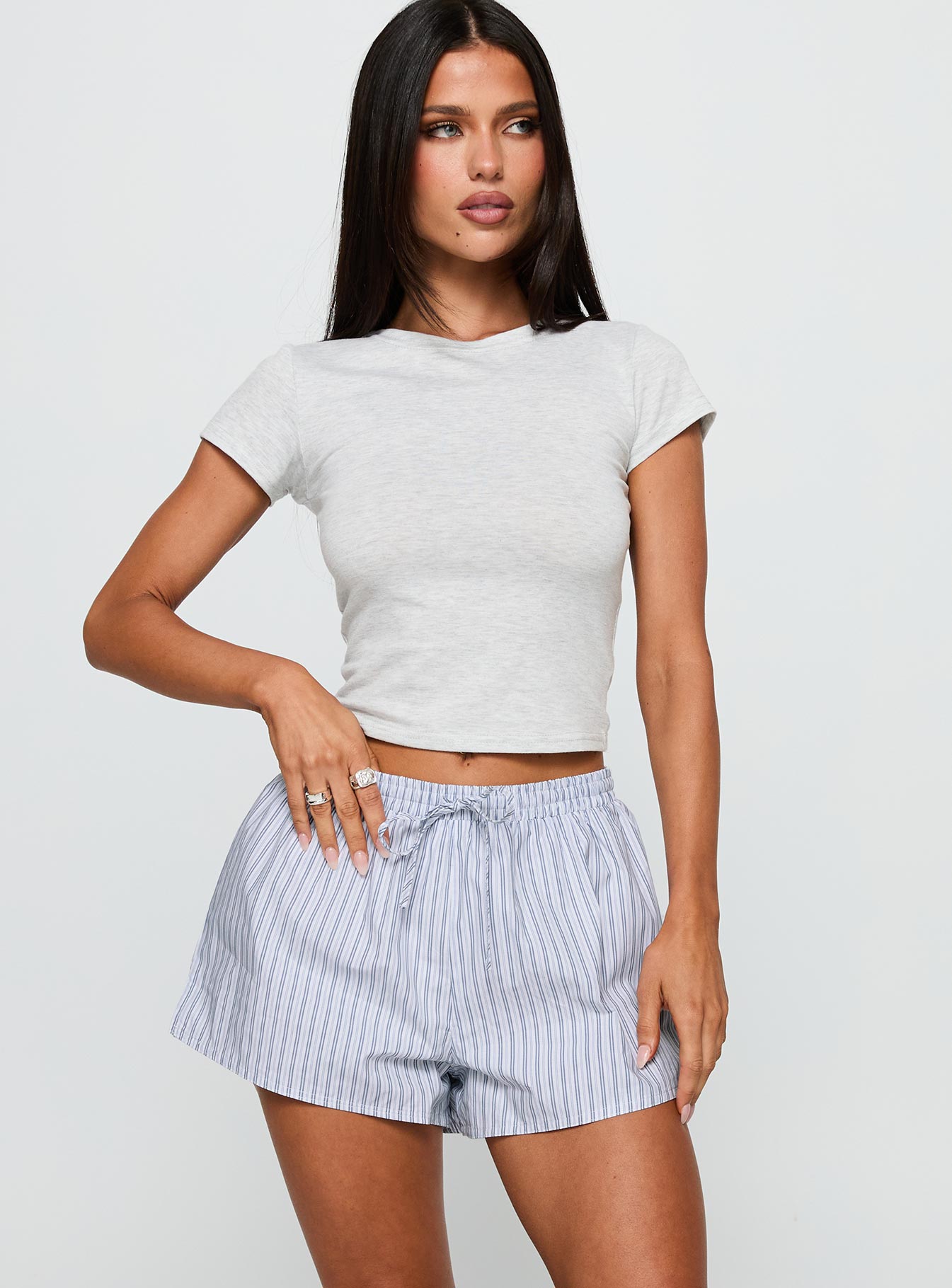 front view of model wearing Princess Polly Nautique Drawstring Shorts Blue Stripe High Waisted Shorts 