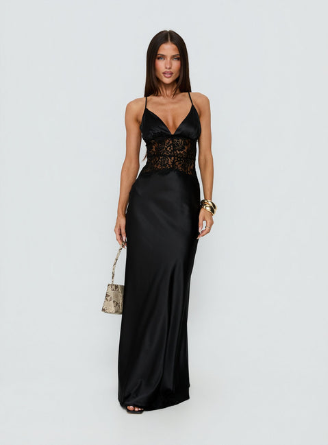 black lace bridesmaid dress Klairee Lace Maxi Halter Dress