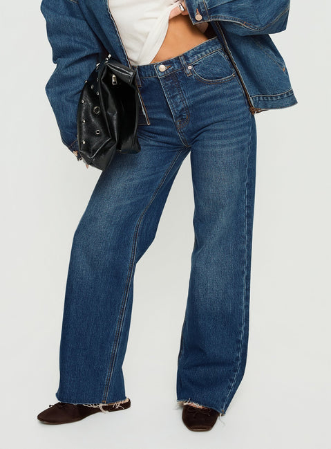 back view of model wearing Princess Polly Fawcett High Rise Straight Leg Jeans Dark Blue Wash High Rise Jeans 