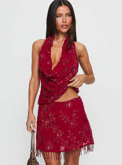   front view of model wearing Princess Polly Twilight Zone Beaded Mini Skirt Red Mini Skirts 