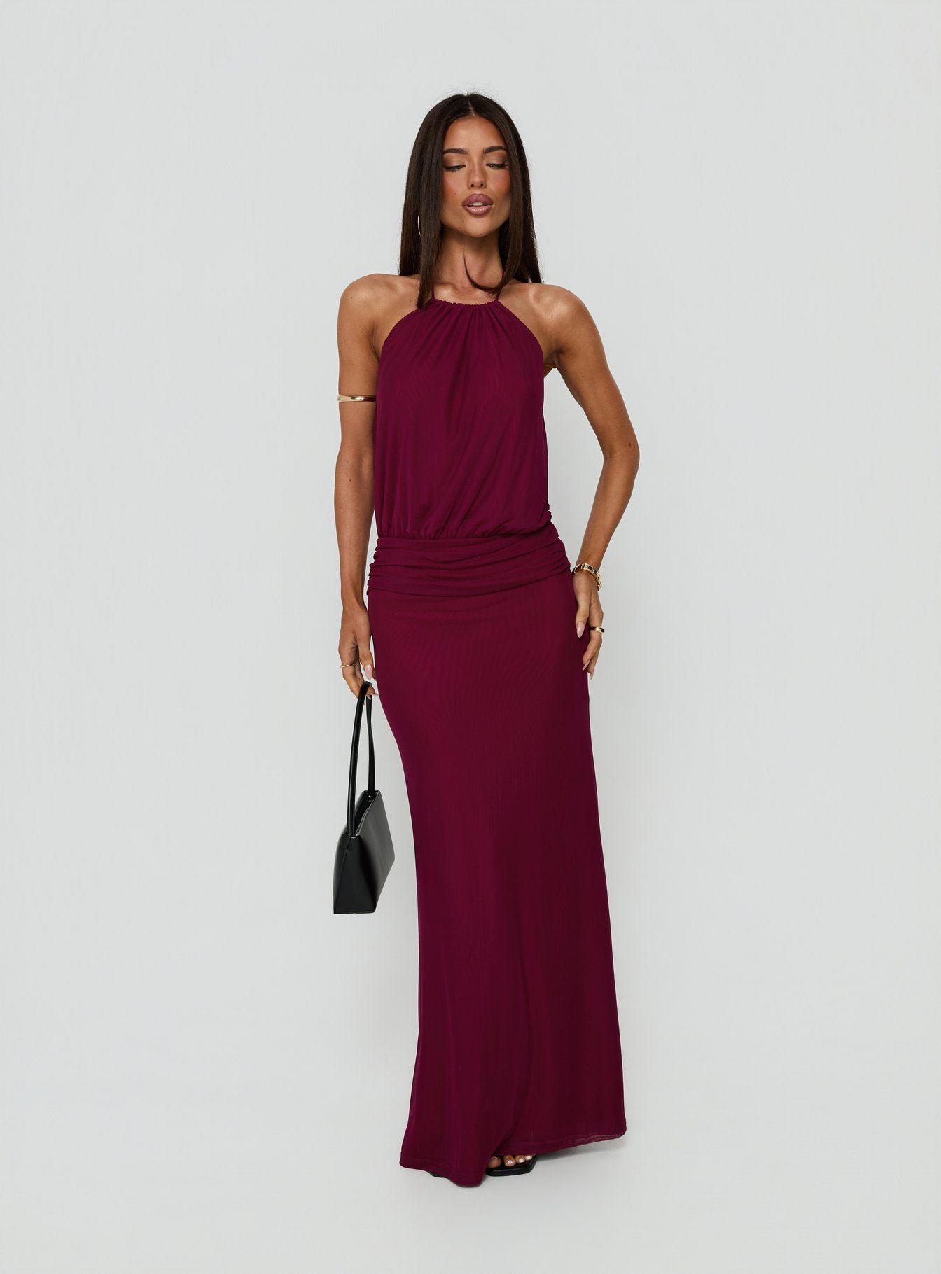 Casperina Ruched Halter Maxi Dress / Berry