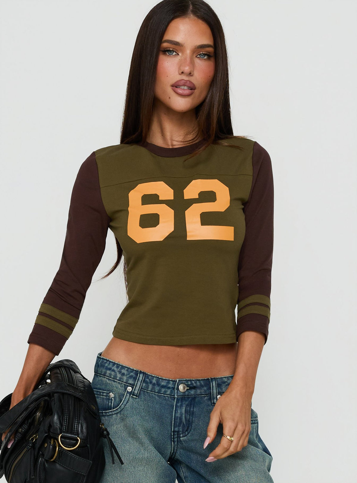 62 Varsity Long Sleeve Graphic Top Khaki Multi