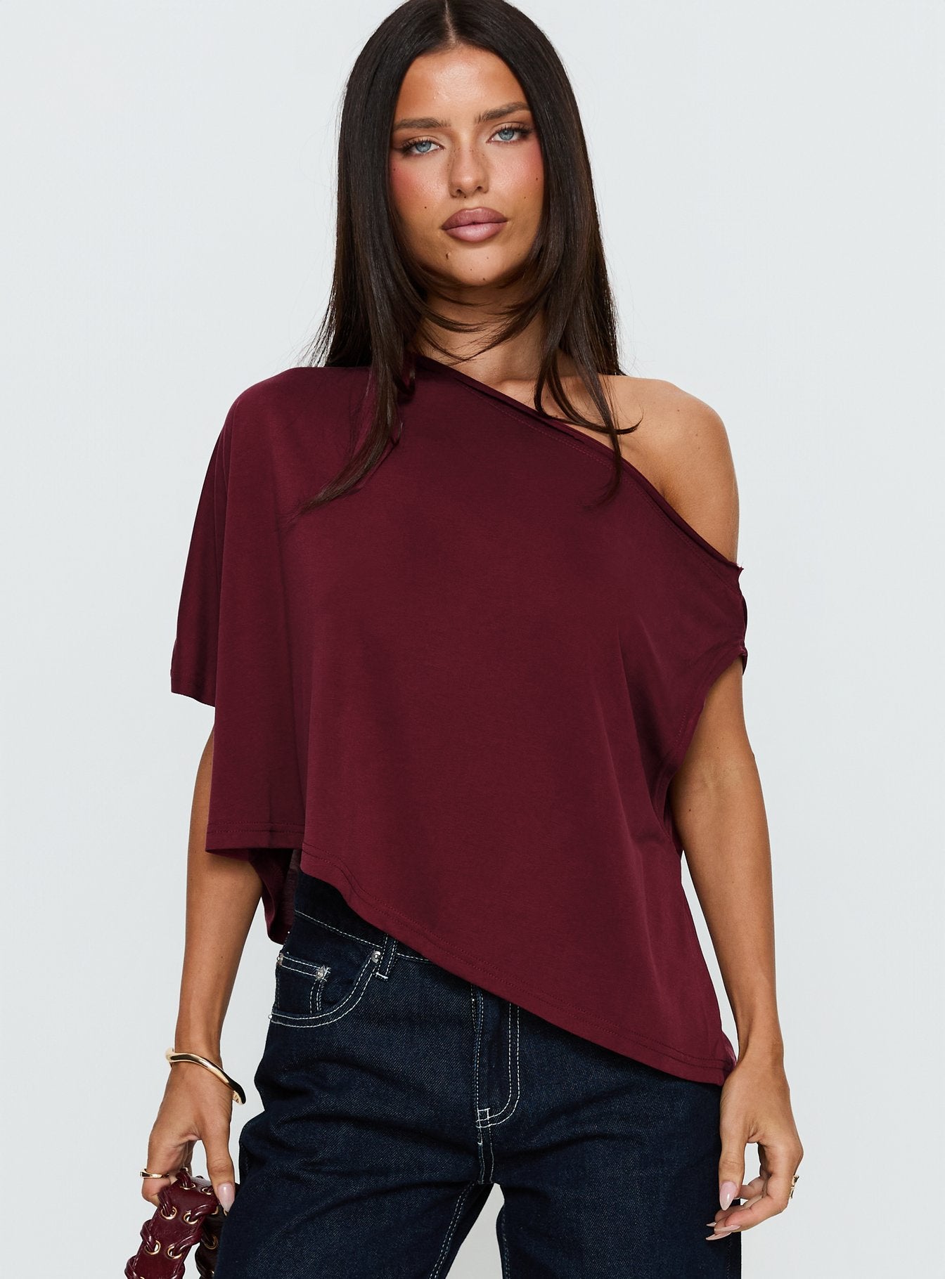 Passerby Asymmetrical Off Shoulder Top Burgundy | Princess Polly