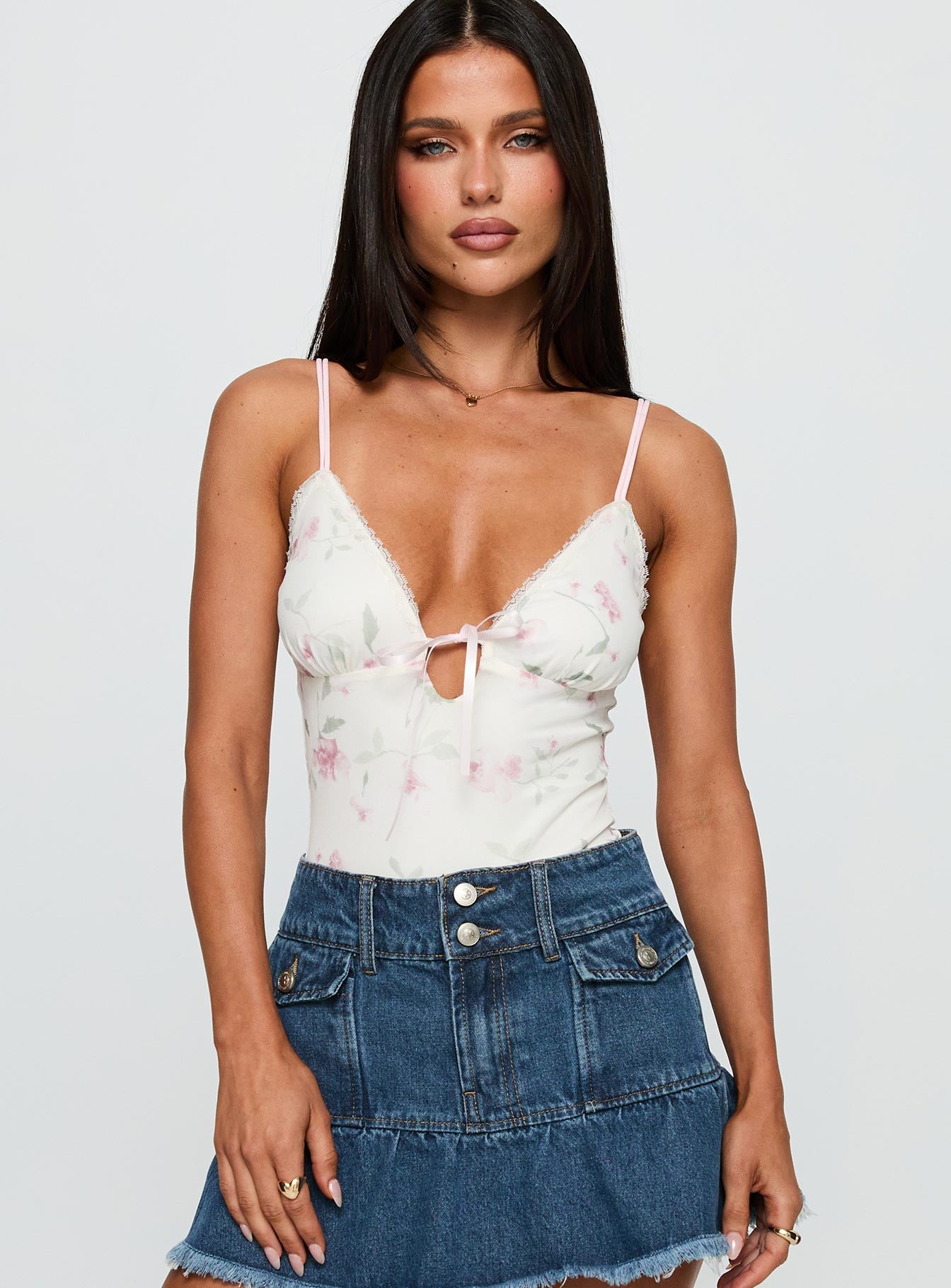 back view of model wearing Princess Polly Final Fantasy Bodysuit Multi Floral Sleeveless 