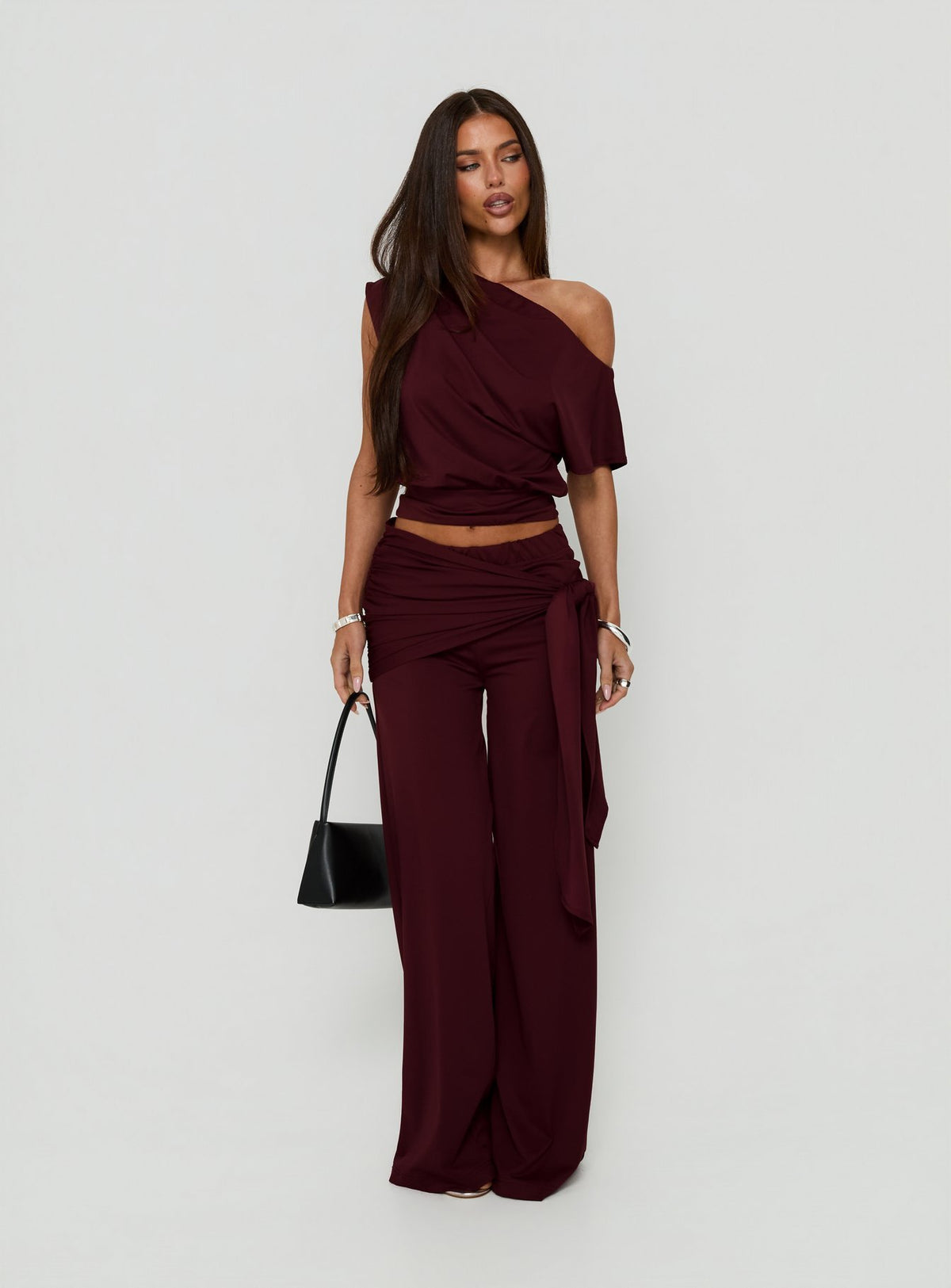 Hadlia Tie Waist Pants Burgundy Petite