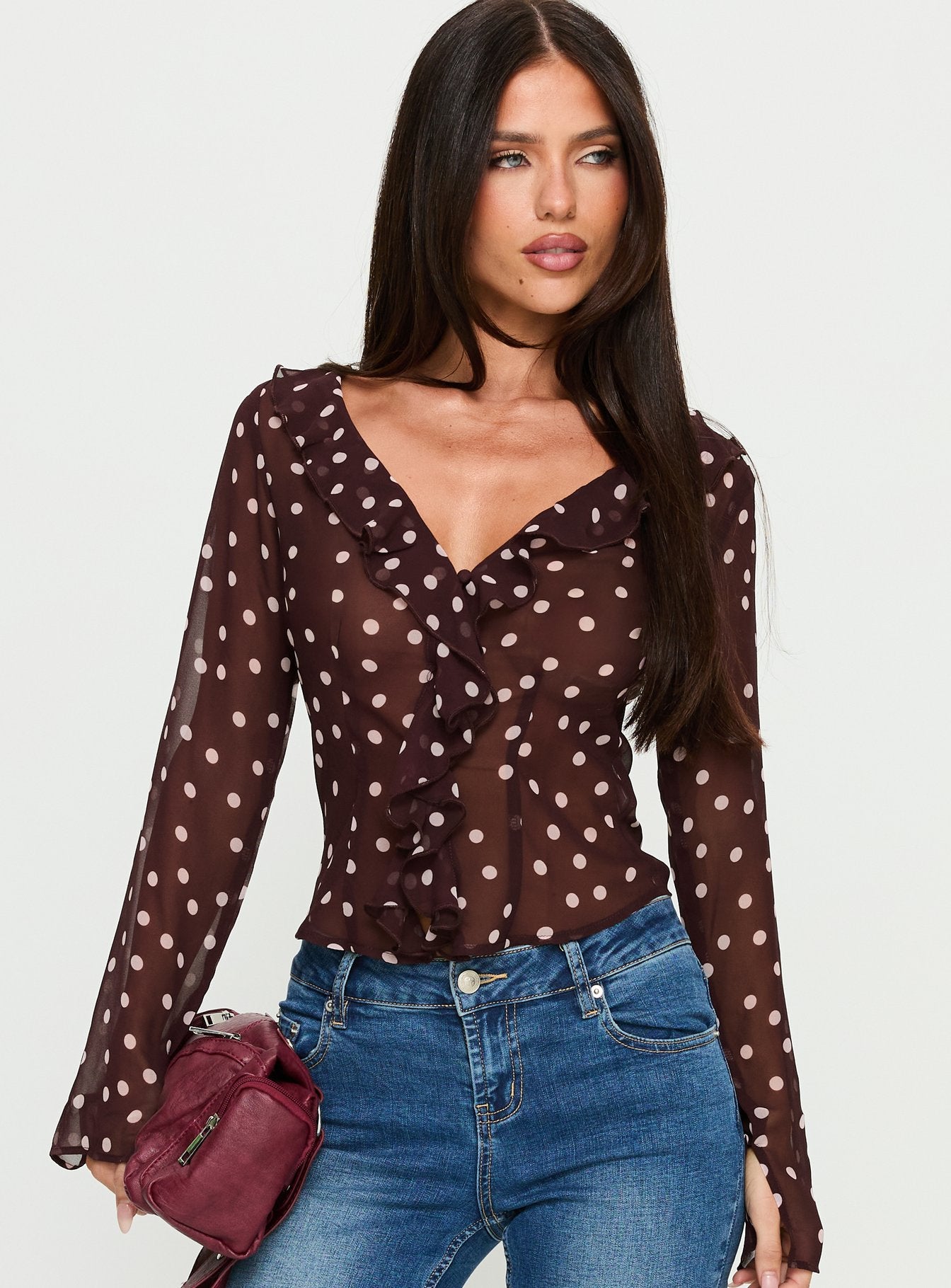 Corazon Sheer Frill Long Sleeve Top Dark Red Polka dots | Princess