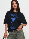 front view of model wearing Princess Polly Cocktail Hour Oversized Tee Black Half Sleeves Crew Neck 