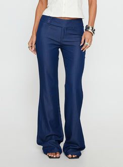 side view of model wearing Princess Polly Kinkirk Flared Pants Chambray Mid Rise Pants 