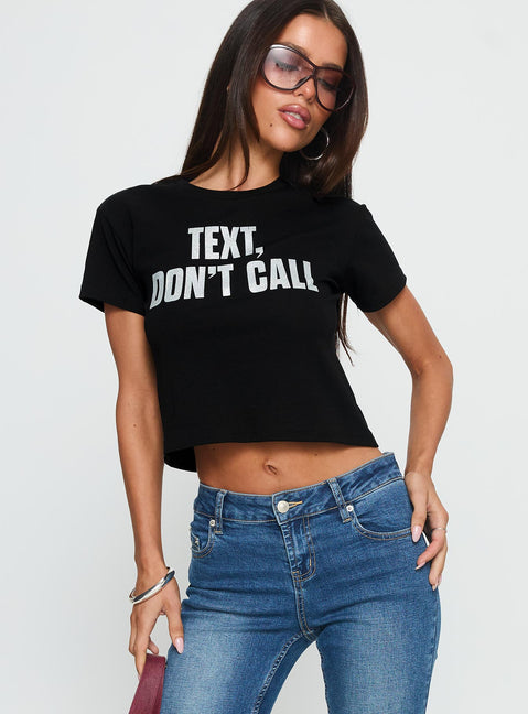 Text, Don't Call Shimmer Graphic Top Black
